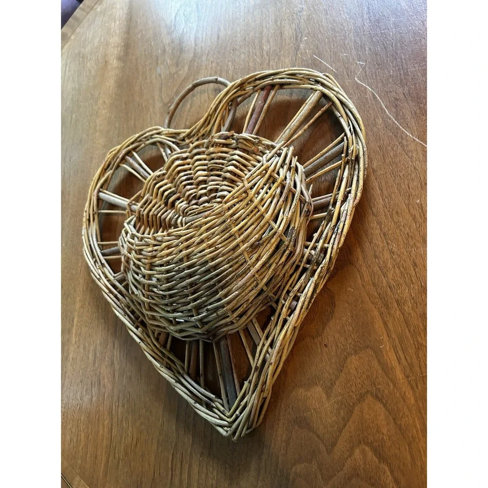 Vintage Wicker Wall Basket Hanging Planter Woven Rattan Heart Shape Cottagecore